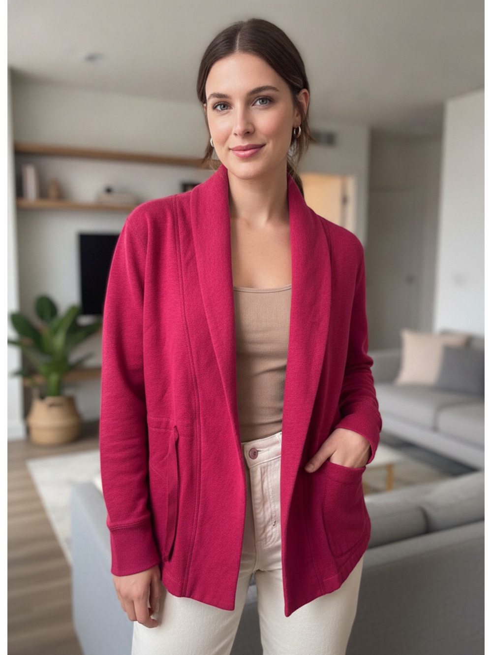 Eddie Bauer Women’s L Red Shawl Collar Open Front Sweatshirt Cardigan Jacket